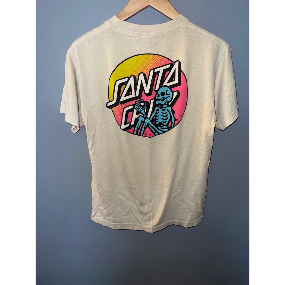 Santa Cruz Skeleton Sunset Graphic T-Shirt Cream Skateboard Streetwear Tee